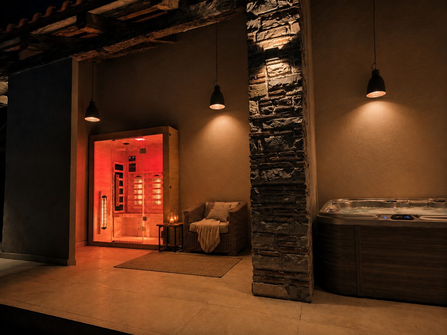 Sauna und Whirlpool der Villa VinoSelo am Abend